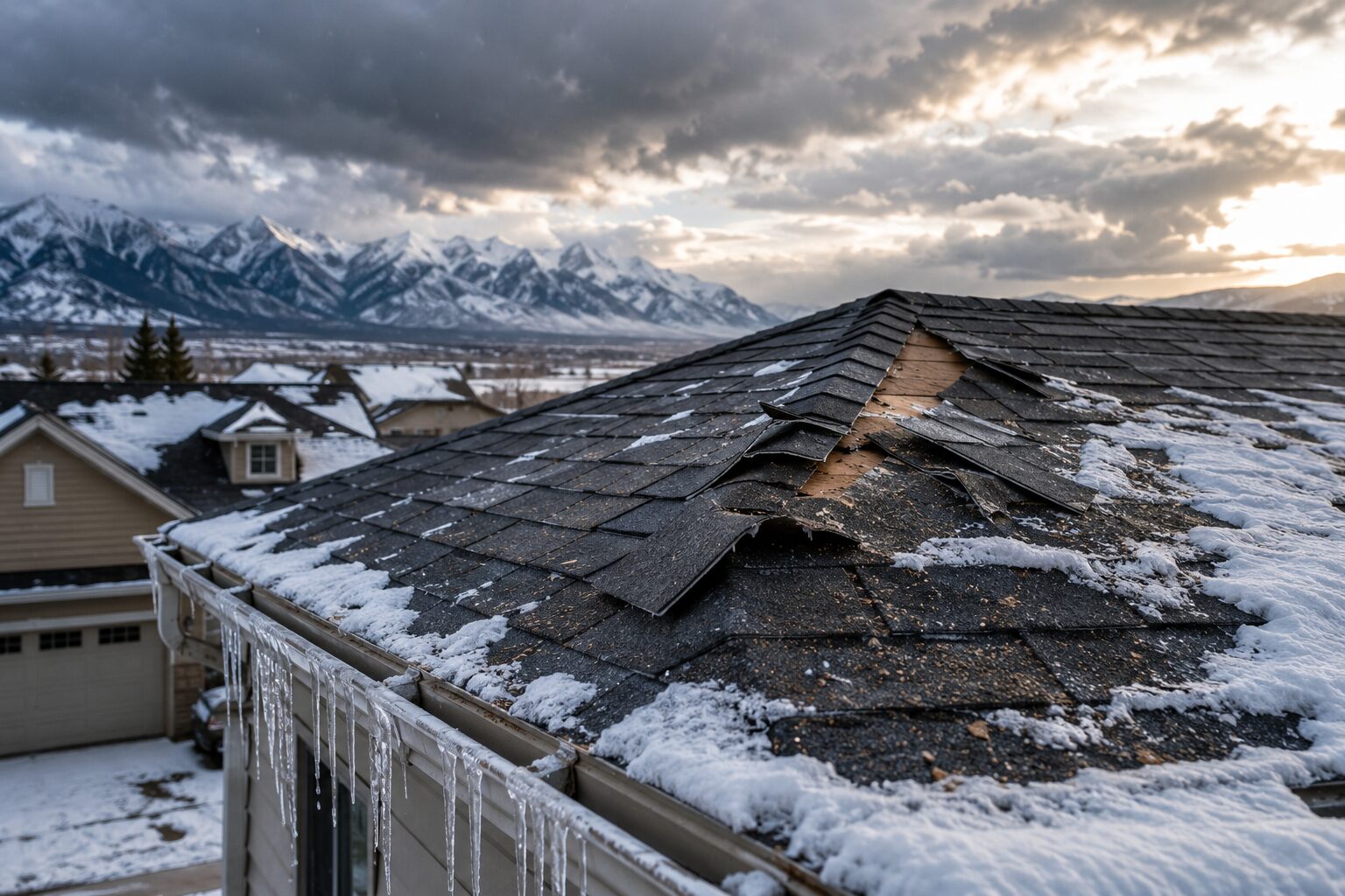 Snow-covered Eastern Idaho roof exposed to winter weather