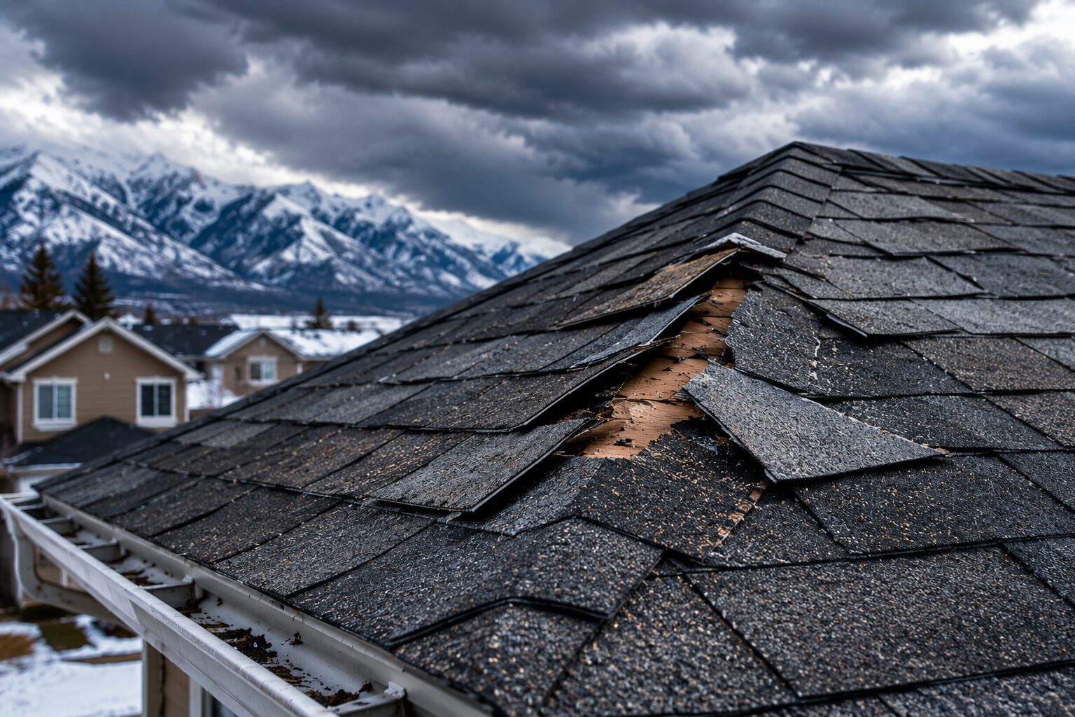 Damaged asphalt shingles requiring roof repair